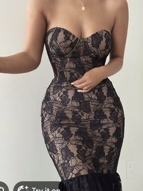 Strapless Black Lace Midi Dress with Nude Underlay
